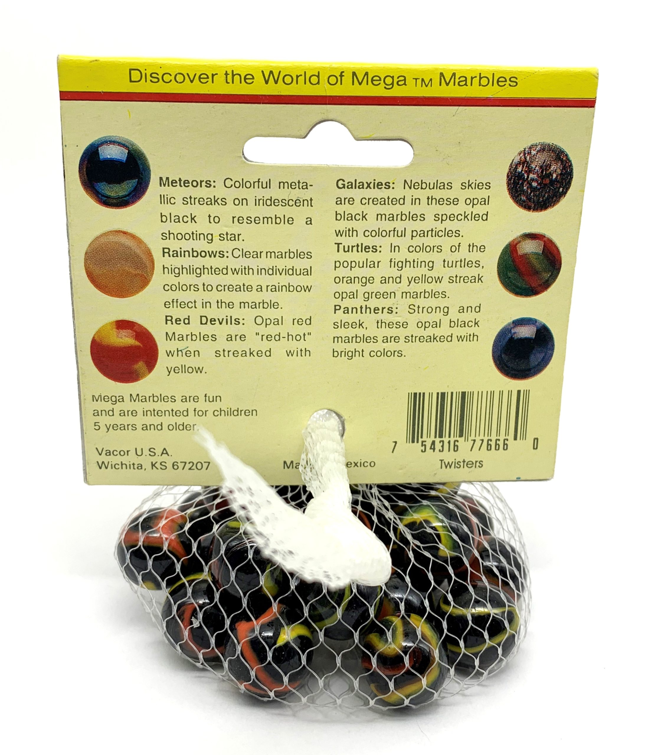 Net Bag of 25 Twisters Collector Series Yellow Label Vintage Glass Mega  Marbles by Vacor Black w Red / Orange and Yellow Ribbon Swirls 1997