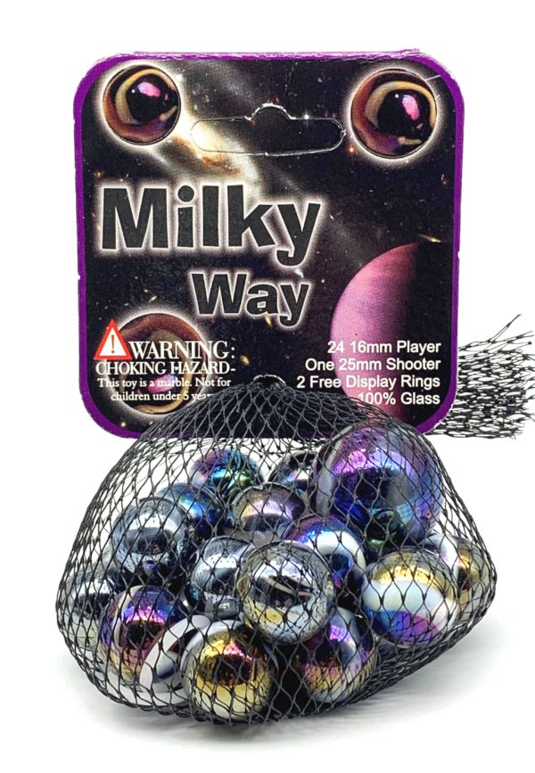 Vintage Net Bag of 25 "Milky Way" Glass Mega Marbles Nice Color Vacor 24 Players 1 Shooter Iridescent Metallic Base w White Swirls Pre-2015