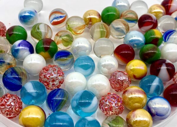 NEW for 2024! Pk 25 Bulk Assorted PeeWee Glass Marbles 12mm Oxygen Princess Solar Rooster etc.