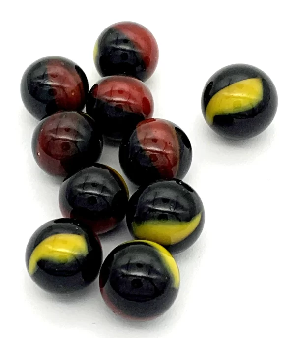 Pack of 10 "Twister" 12mm (Approximately) Peewee Glass Mini Mega Marbles Black w Yellow & Orange / Red Swirls Early Edition Pre - 2000 Vacor