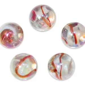 25mm "Mango Twist" Marble (1") Shooters - Pack of 5 Iridescent Clear Glass with Red/Orange & White Swirls