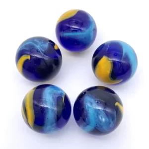 25mm Early Edition Dragonfly Glass Mega Marbles Shooters Pk 5 Translucent Deep Blue w Lt Blue Orange Swirls Vacor Vintage Exceptional Colors